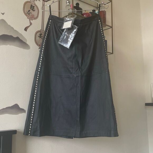 Vintage terry Lewis side stitched genuine black leather a line skirt size 8 NWT